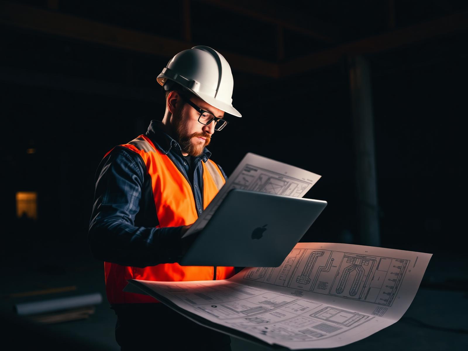 Contractor reviewing project blueprints on a laptop